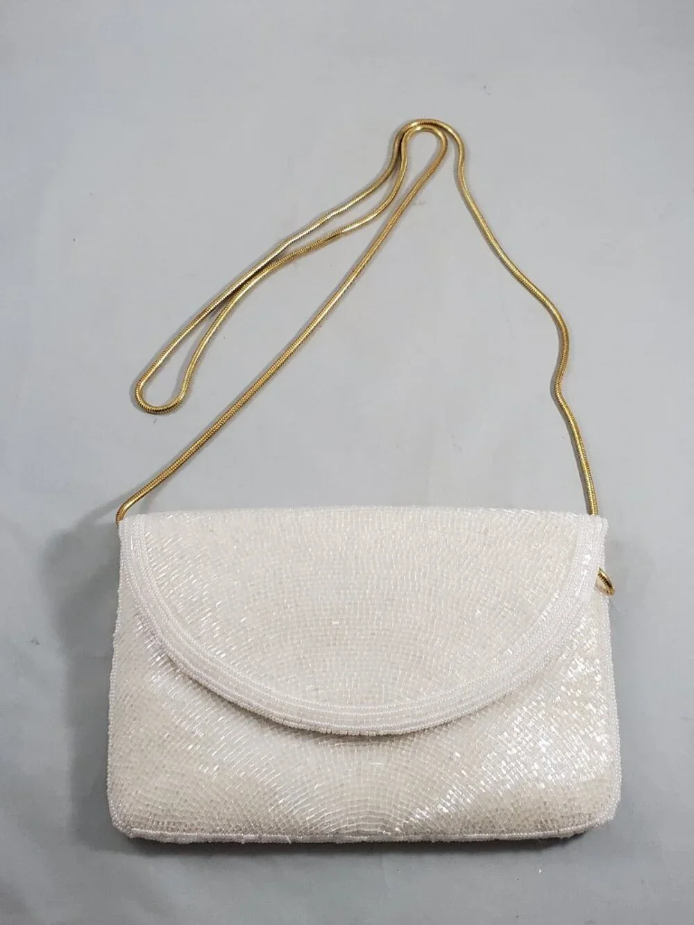 Vintage White Beaded Evening Bag Clutch Snake Chain Strap Rainbow Shimmer Beads